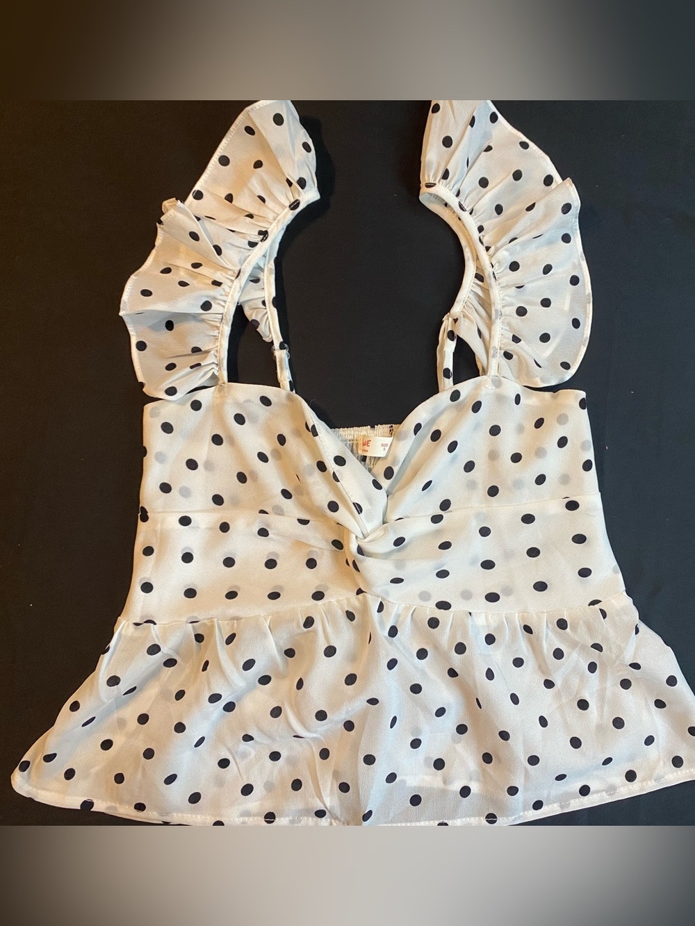 Polka Dot Ruffle Strap Peplum Top - White with Black Dots